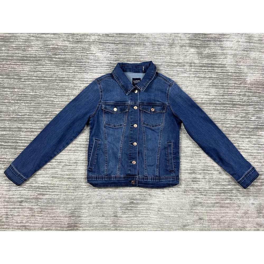 Cavalini Jean Jacket Womens Small Blue Denim Dark Wash Long Sleeve Cotton Blend